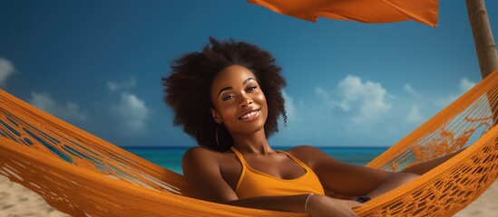 African American woman on hammock anguilla independence day beach vacations nature celebration freedom and identity concept