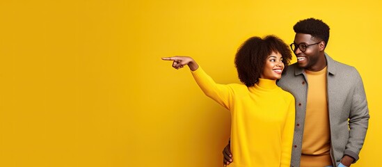 African couple pointing at copy space over yellow background