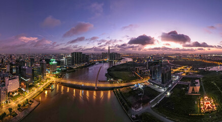 Sunrise on Saigon riverside, Ho Chi Minh city, Vietnam. Photo takon on 10th August, 2023