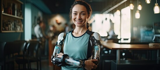 Young woman with bionic prosthetic arm smiling at camera in doctor s office copy space