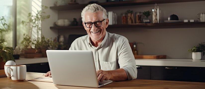 Elderly man in kitchen using laptop working online or browsing internet