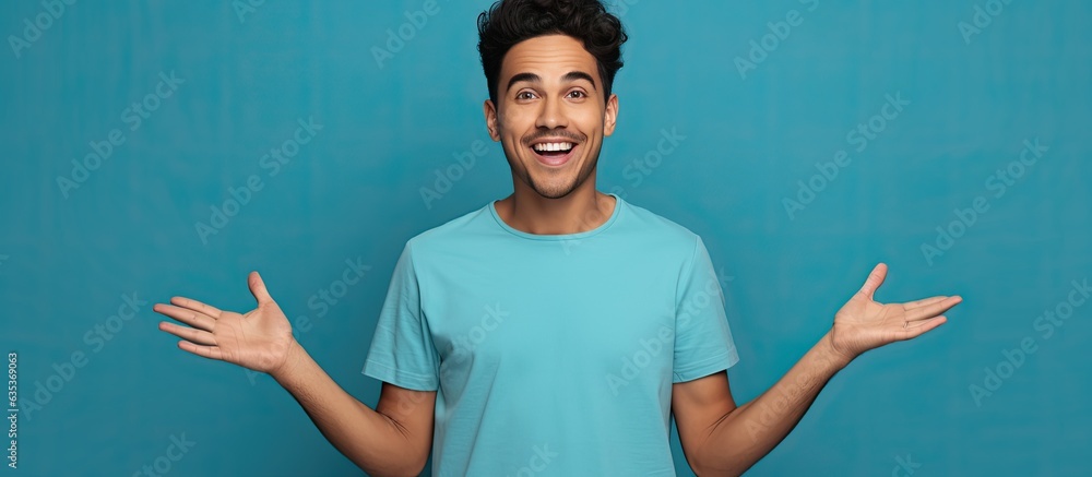 Aufkleber Smiling Hispanic man pointing with open palms over blue background presenting ad and looking excited