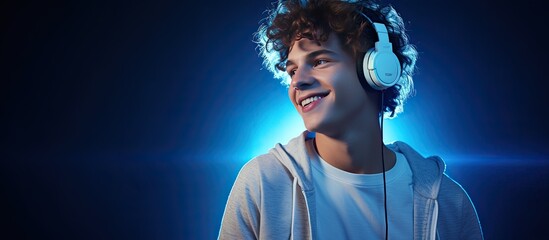Teenage boy with skateboard and headphones posing in front of dark blue background with neon lighting embodies style and trends in men s fashion ample cop