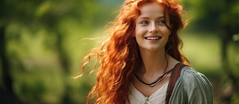 Red haired girl from the Middle Ages forest walk laughter Celtic fantasy space for text