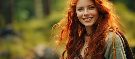 Red haired girl from the Middle Ages forest walk laughter Celtic fantasy space for text