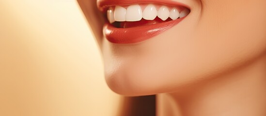 Naklejka premium Close up photo of a beautiful young woman s face with bright lipstick smiling isolated on a beige background with empty area for text