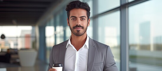Arabian man holding coffee cup confident standing by glass wall in office and looking at camera - Powered by Adobe