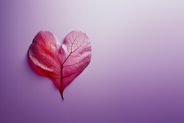 Red heart-shaped leaf on purple background - obrazy, fototapety, plakaty