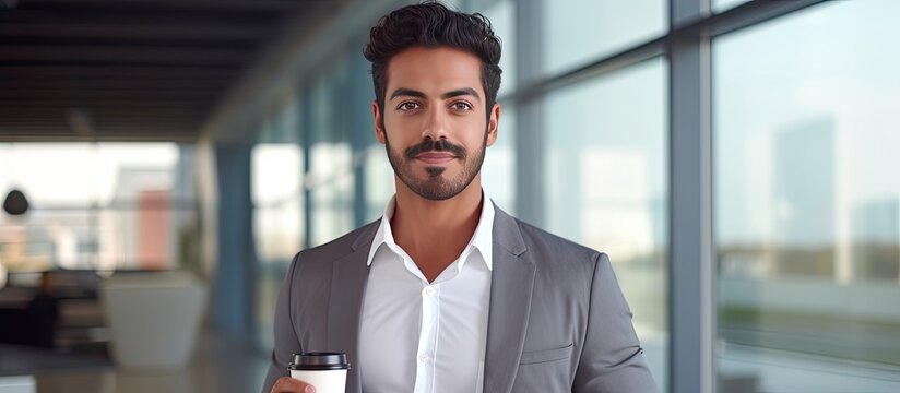 Arabian man holding coffee cup confident standing by glass wall in office and looking at camera