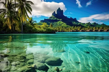 Fotobehang Bora Bora, Frans Polynesië Beautiful seascape with mountain and turquoise water. A peaceful and tranquil lagoon in Bora Bora, French Polynesia, AI Generated