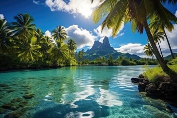 Tropical island with palm trees and lagoon at Seychelles, A peaceful and tranquil lagoon in Bora Bora, French Polynesia, AI Generated - obrazy, fototapety, plakaty