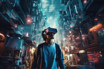 Young man with virtual reality headset or 3d glasses over night city background, a person wearing virtual reality glasses, immersed in a futuristic, hightech environment. , AI Generated