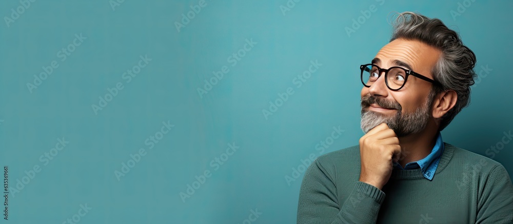Poster middle aged man feeling joyful and astonished as he discovers a solution or idea with potential for 