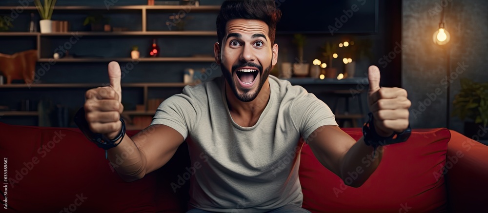 Aufkleber Excited Hispanic man playing video game on sofa gesturing with open palms and smiling showcasing ad