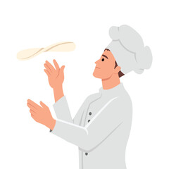 Chef in the uniform spinning pizza dough on the finger. Cook tasty delicious italian food on kitchen. Meal preparation. Flat vector illustration isolated on white background