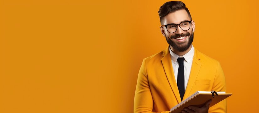 Portrait of a smiling student taking notes with a beard on an orange background Symbolizing business strategy startup idea and time management