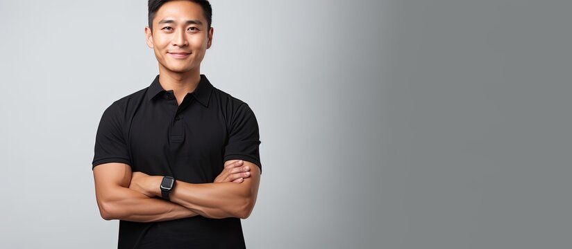 Asian man with black polo smiling hand on waist white backdrop with copy space on palm