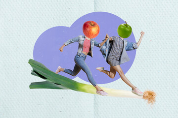 Collage portrait of two mini girls apple fruit instead head running huge onion vegetable isolated...
