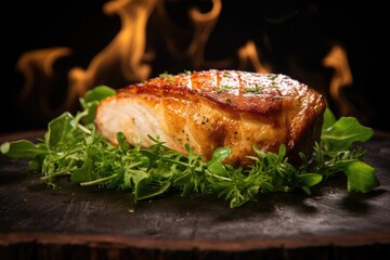 Grilled chicken breast with arugula on a black background. perfectly cooked juicy chicken breast undermines the traditional image of a tender, juicy cutlet, AI Generated