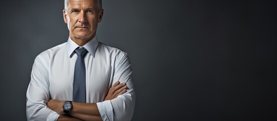 Naklejka premium Studio half portrait of a senior man in a shirt and tie standing with arms crossed against an isolated background Side profile with copy space