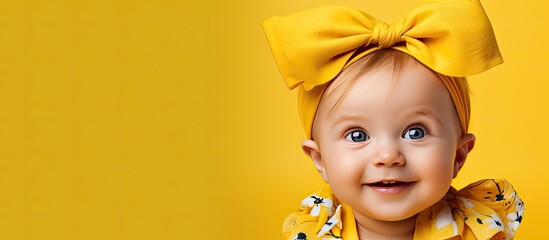 Studio portrait of a lovely baby wearing a summer dress and a large yellow bow on her head against a gray backdrop with room for text - obrazy, fototapety, plakaty