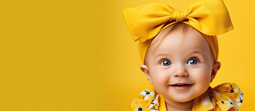 Studio portrait of a lovely baby wearing a summer dress and a large yellow bow on her head against a gray backdrop with room for text