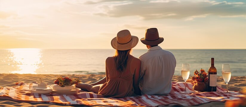 Copy space available for a tender moment as a happy couple enjoys a romantic beach picnic with wine - Powered by Adobe