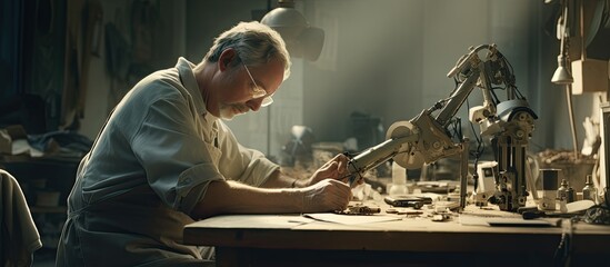 Senior man building leg prosthetics carefully measuring parts in workshop