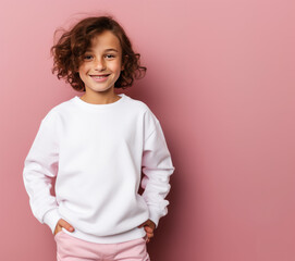 Young girl wearing a blank white sweatshirt standing in front of pink wall, teenager model, apparel mock-up, studio photo, 10 years old teen girl