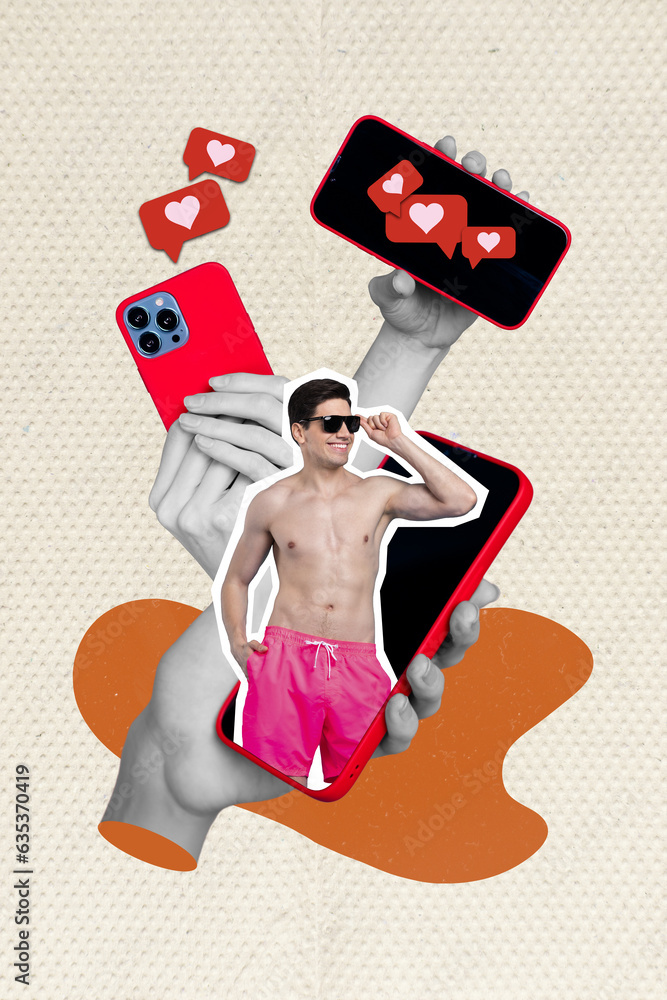 Sticker Vertical collage artwork macho man shirtless wear sunglass blogging notification share repost video instagram isolated on beige background