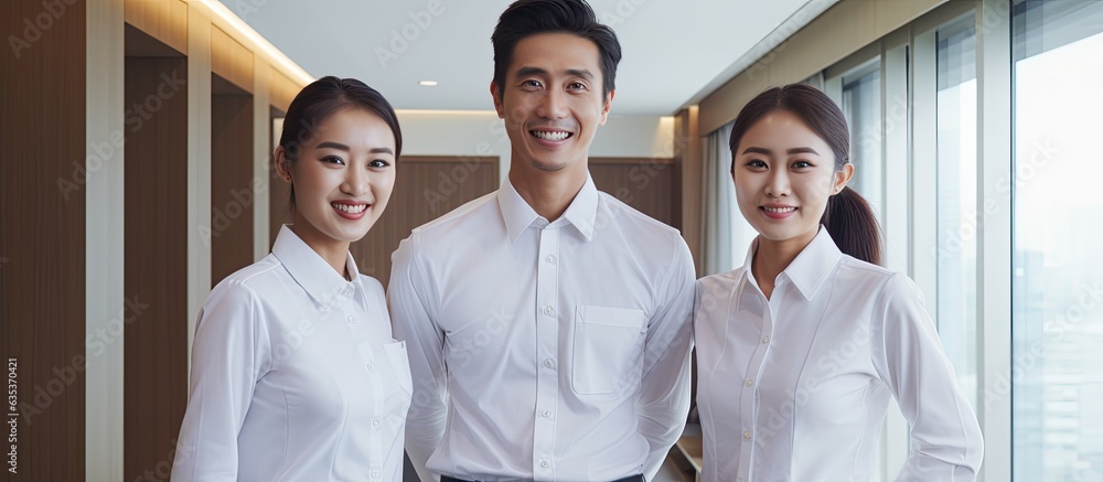 Wall mural Group of people preparing for business conference in a hotel room posing happily in front of the camera wearing white shirts