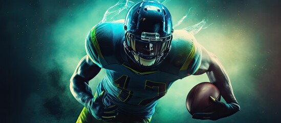 Neon colored banner with copy space for bookmaker ads featuring an American football player Ideal for betting advertisements Includes sports betting footb