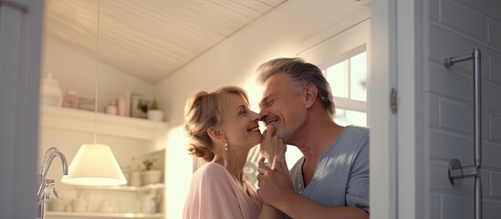 Couple brushing teeth together man kissing wife morning hygiene joyful bonding