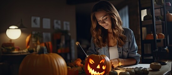 White woman at home creating a Halloween pumpkin tutorial with her camera for social media empty area