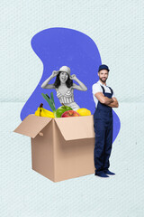 Vertical collage of excited mini black white colors girl big opened carton box fruits vegetables confident courier man isolated on paper background