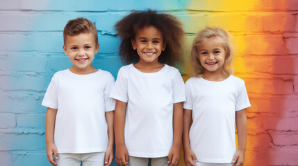 Children wearing blank white t-shirts standing in front of colorful wall, studio photo for apparel mockup, 5 and 7 years old girls and boys, diverse race - obrazy, fototapety, plakaty