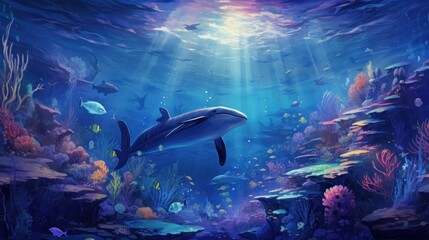 A vast underwater scene where musical notes float like jellyfish, and the corals sway to the rhythm of a silent song. Whales and dolphins dance in a ballet of harmonies. Generative AI