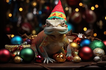 Obraz premium lizard surrounded by colorful christmas ornaments 
