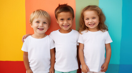Little boys and girl wearing white t-shirts standing in front of colorful background, blank shirts with no print, 3 years old smiling toddlers, photo for apparel mock-up - obrazy, fototapety, plakaty