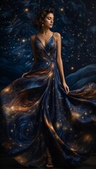 A woman in a blue dress posing in front of a captivating painting