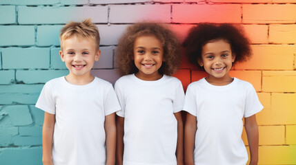 group of children wearing white t-shirts standing in front of colorful wall together, photo of girls and boys for apparel mock-up, smiling toddlers, preschool