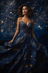 A woman in a blue dress with starry background