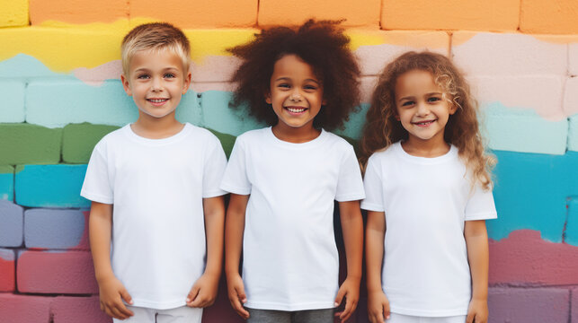 Cute toddlers wear white tees, blank t-shirts with no print, diverse little children stand together in front of colorful wall, 5 years old girls and boys, apparel mockup