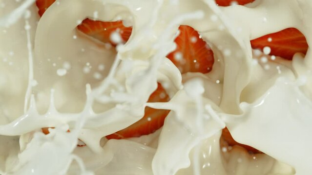 Super Slow Motion Shot of Fresh Strawberries Falling into Swirling Cream at 1000fps.