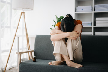 woman sit Depression Dark haired  pensive glance Standing by window and anxiety Copy space.