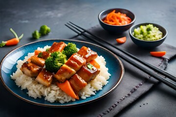 Plate with pieces of delicious chicken in Teriyaki sauce Chicken meat rice broccoli lettuce and carrots on gray dish