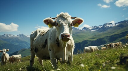 Fototapeta na wymiar A cow is in front of a big green field with mountains around it, in the style of octane render, emphasis on facial expression, flickr, close - up, industrial and product design, ultra hd, frieke janss