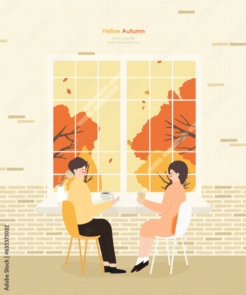 Wall mural autumn landscape and lovely couple illustration