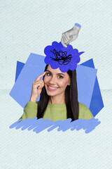 Photo comics sketch collage picture of arm putting lady head fake news isolated creative blue color...