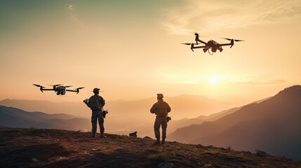 Fototapeta na wymiar soldiers launching a drone in an outdoor setting, showcasing the precision and expertise involved in the operation
